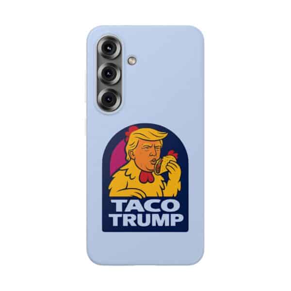 Taco trump phone case, humorous political meme accessory, cartoon-style Donald Trump eating a taco design for phone protection, fun and affordable statement wearable for casual use.