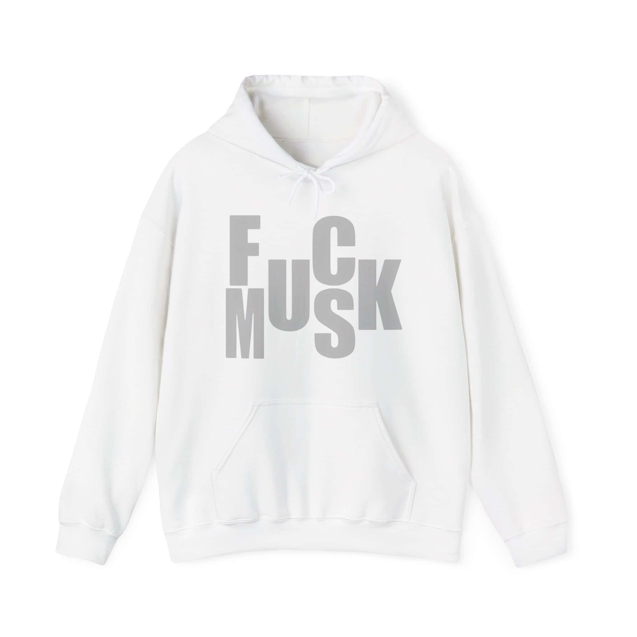 White hoodie with bold gray "F C M S K" text, featuring a front pocket and adjustable drawstrings, perfect for casual, affordable, and stylish streetwear.