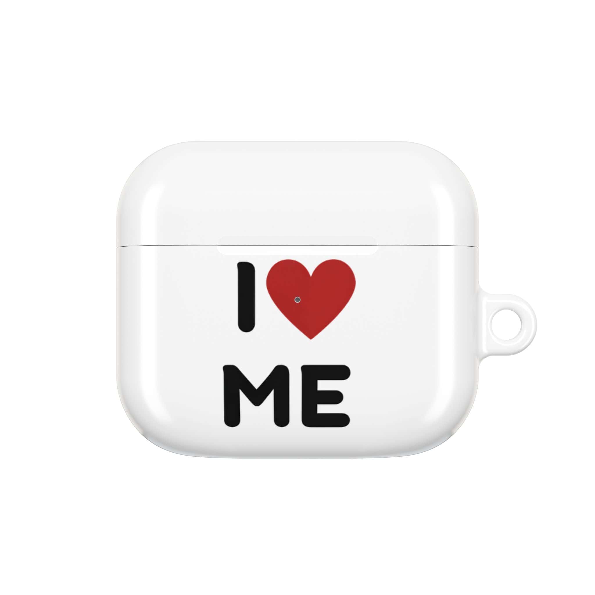 I love Me AirPods case with a simple and trendy design featuring the phrase "I ❤️ Me". Perfect for expressing self-love and adding a stylish touch to your accessories.