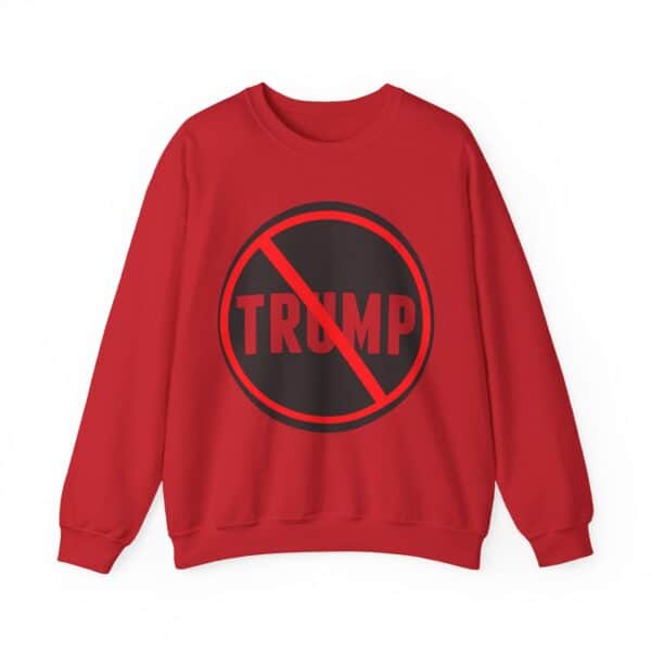 Bold red sweatshirt with a "TRUMP" protest graphic, statement clothing, casual streetwear, trendy political apparel, cool casual wear for expressive fashion lovers.