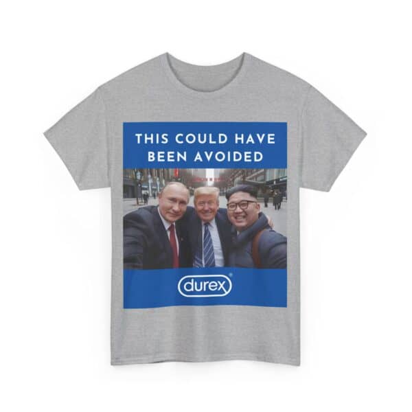 Viral humorous t-shirt featuring a funny meme with world leaders and the text "This could have been avoided" in bold blue, perfect for casual streetwear, showcasing cool, affordable statement clothing.