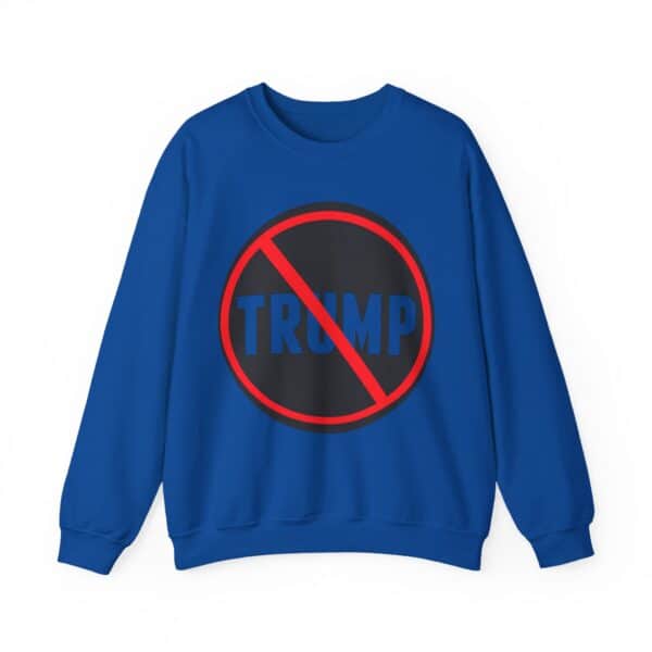 Trendy blue sweatshirt with a bold "TRUMP" logo crossed out, perfect for making a statement in casual, affordable fashion.