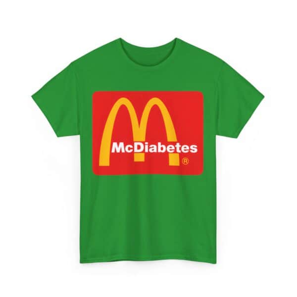 McDonald's-inspired T-shirt with humorous "McDiabetes" text, featuring the iconic yellow arches on a bright red background, ideal for fun, eye-catching casual wear.