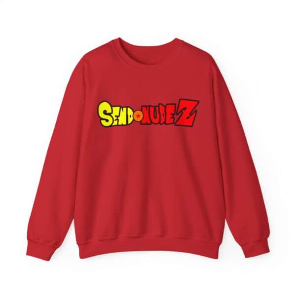 Send nudes statement sweatshirt with bold graphic design, casual style, inexpensive price, comfortable fit, trendy streetwear for men and women, perfect for relaxed everyday wear, vibrant red color.