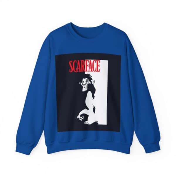 Fashionable blue sweatshirt with a bold Lion graphic design and "SCARFACE" text, perfect for stylish casual wear.