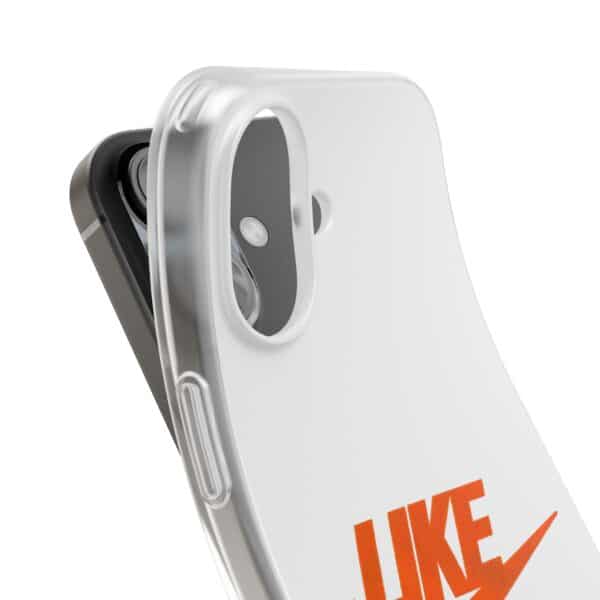 Silhouette of a smartphone with a white case featuring bold orange text that says "LIKE". The image emphasizes trendy, affordable statement phone cases that add a cool, fashionable touch to your accessories.