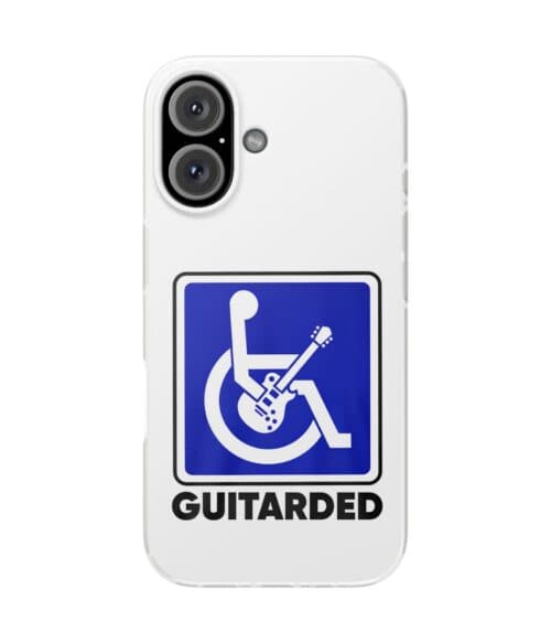 Guitar-shaped phone case with humorous slogan "GUITARDED" in bold black letters, featuring a flexible material and a humorous, cool style, perfect for music lovers and guitar enthusiasts.