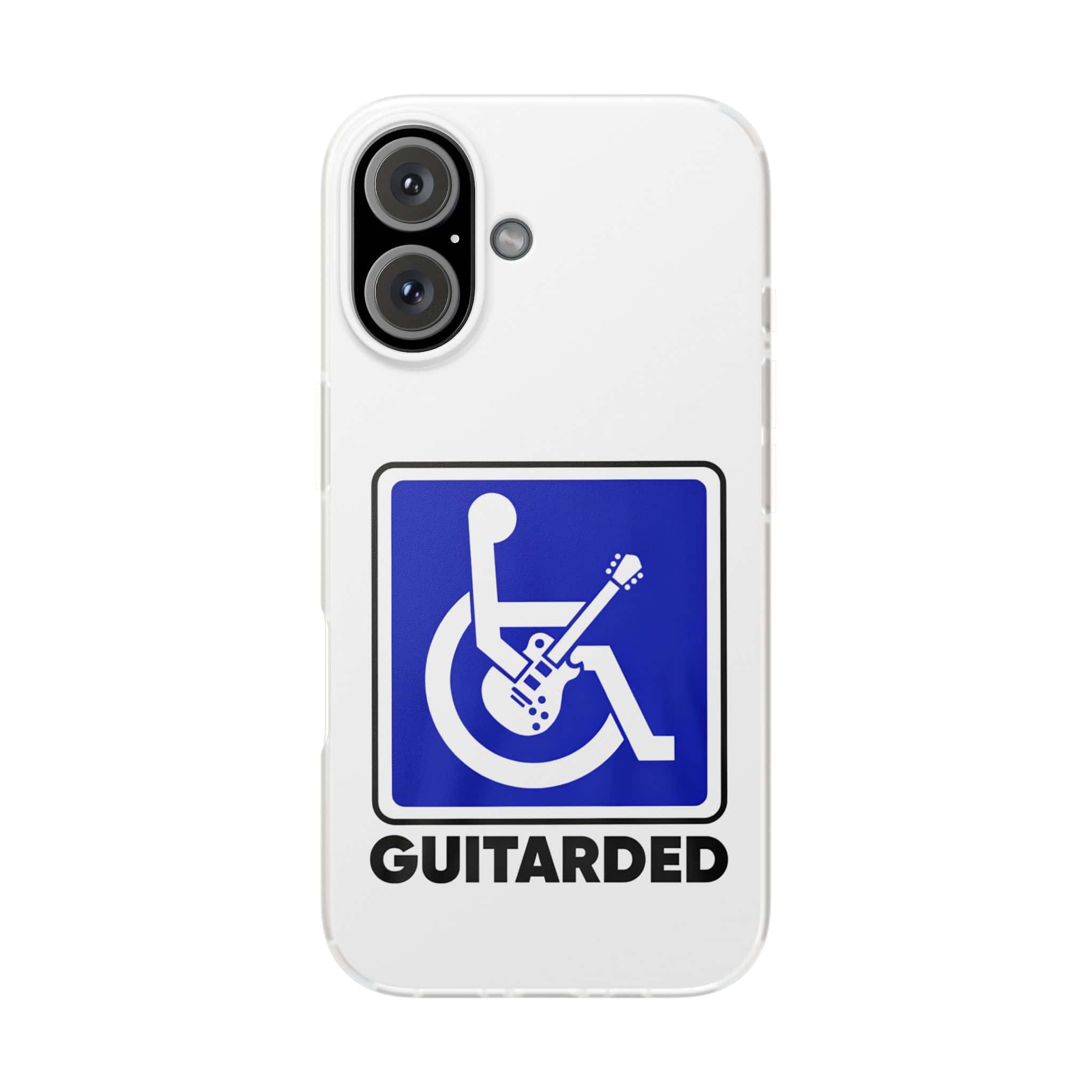Guitar-shaped phone case with humorous slogan "GUITARDED" in bold black letters, featuring a flexible material and a humorous, cool style, perfect for music lovers and guitar enthusiasts.