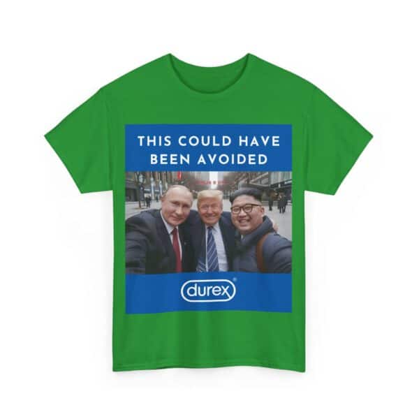 Vibrant green t-shirt featuring a humorous photo with the text "This could have been avoided" and the Durex logo, perfect for making a cool, funny statement.