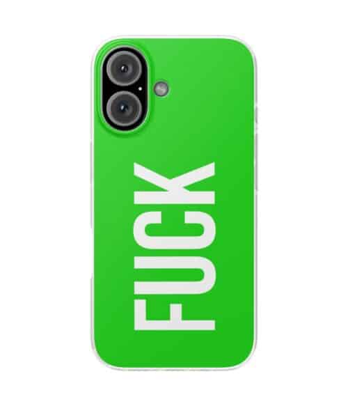 Fit phone case with "FUCK" text in bold white letters on a bright green background, designed for a stylish and edgy look.
