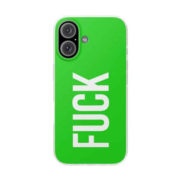 Fit phone case with "FUCK" text in bold white letters on a bright green background, designed for a stylish and edgy look.