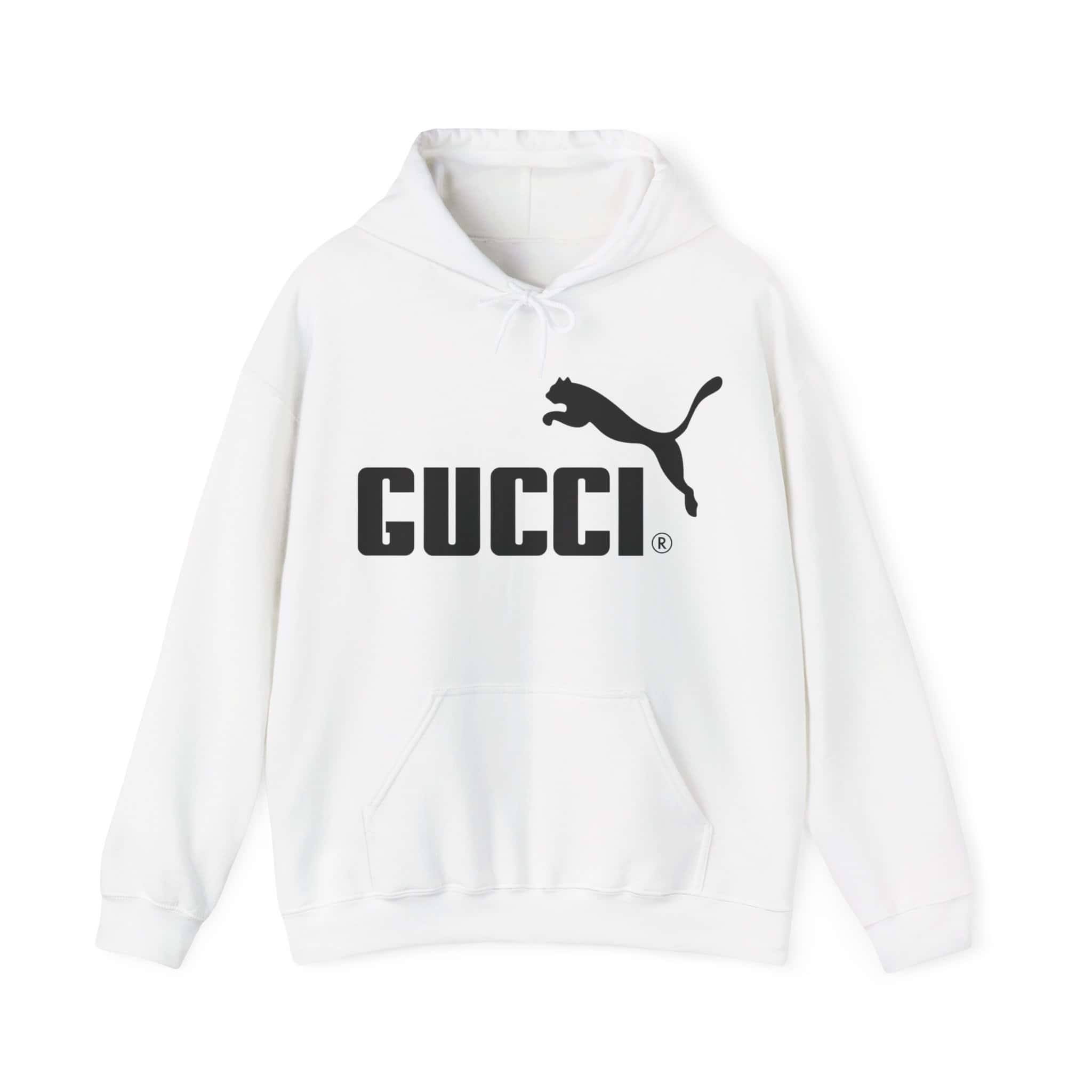 White hoodie with black Gucci logo and Puma silhouette, stylish and affordable casual streetwear, perfect for a cool, trendy look on a budget, ideal for everyday wear and making a fashion statement.