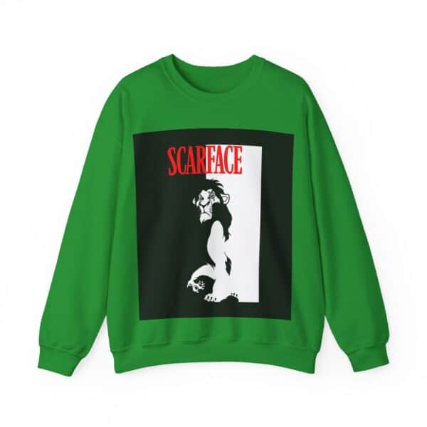 Youthful green sweatshirt featuring a bold, stylish graphic inspired by the classic Scarface movie, perfect for cool statement casual wear at affordable prices.