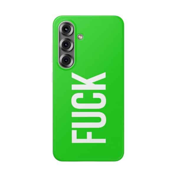 Bright green phone case with "FUCK" in bold white letters, stylish and eye-catching accessory for smartphones.