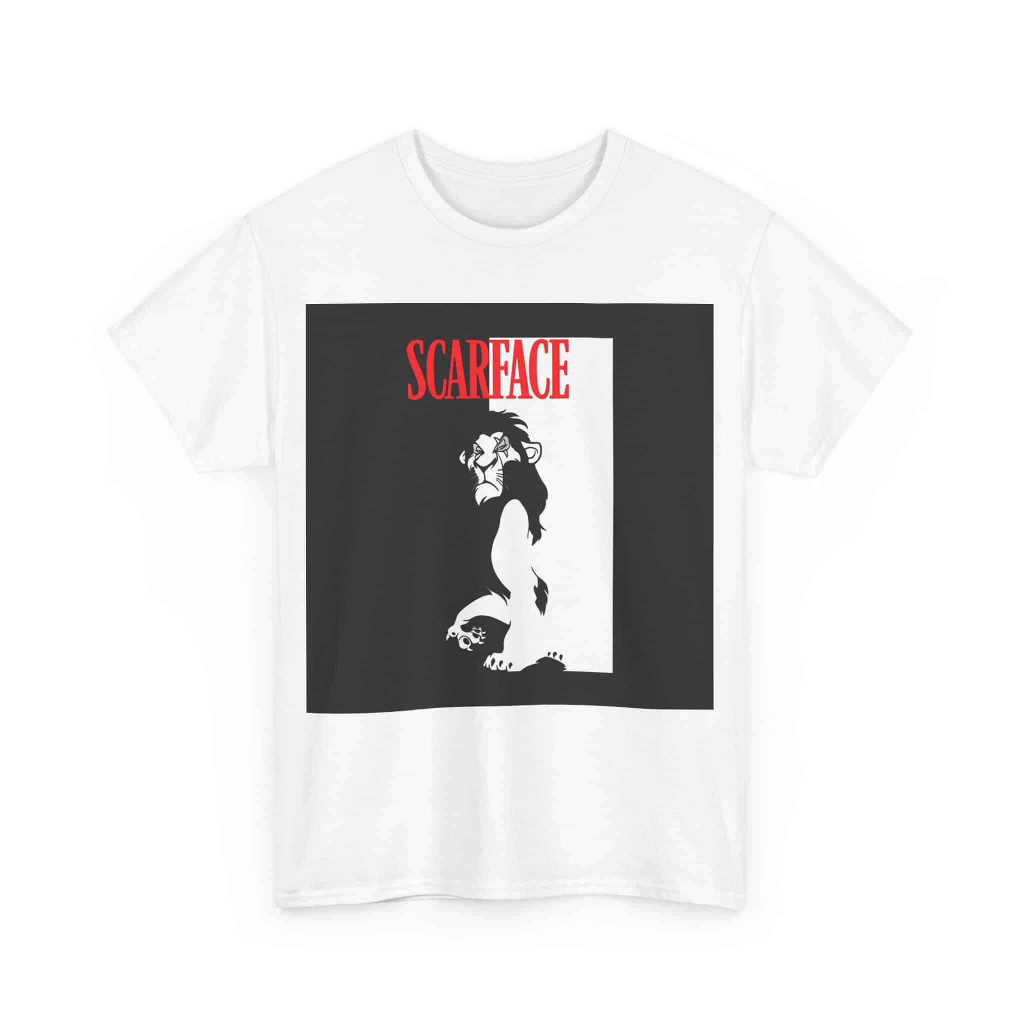 Scarfaced lion graphic t-shirt with bold red text, trendy affordable streetwear style, perfect for a casual, cool look on a budget.