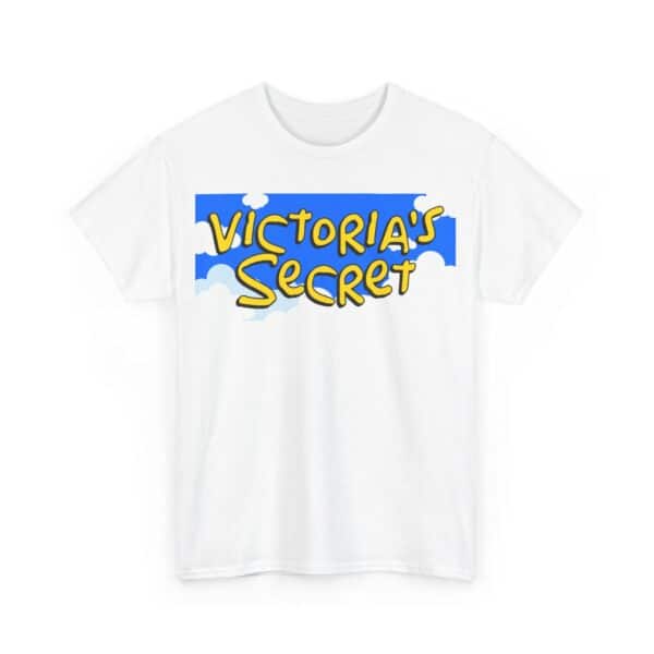 Vibrant white T-shirt featuring a playful "Victoria's Secret" logo with a cloud and sky background, perfect for affordable trendy fashion statements.