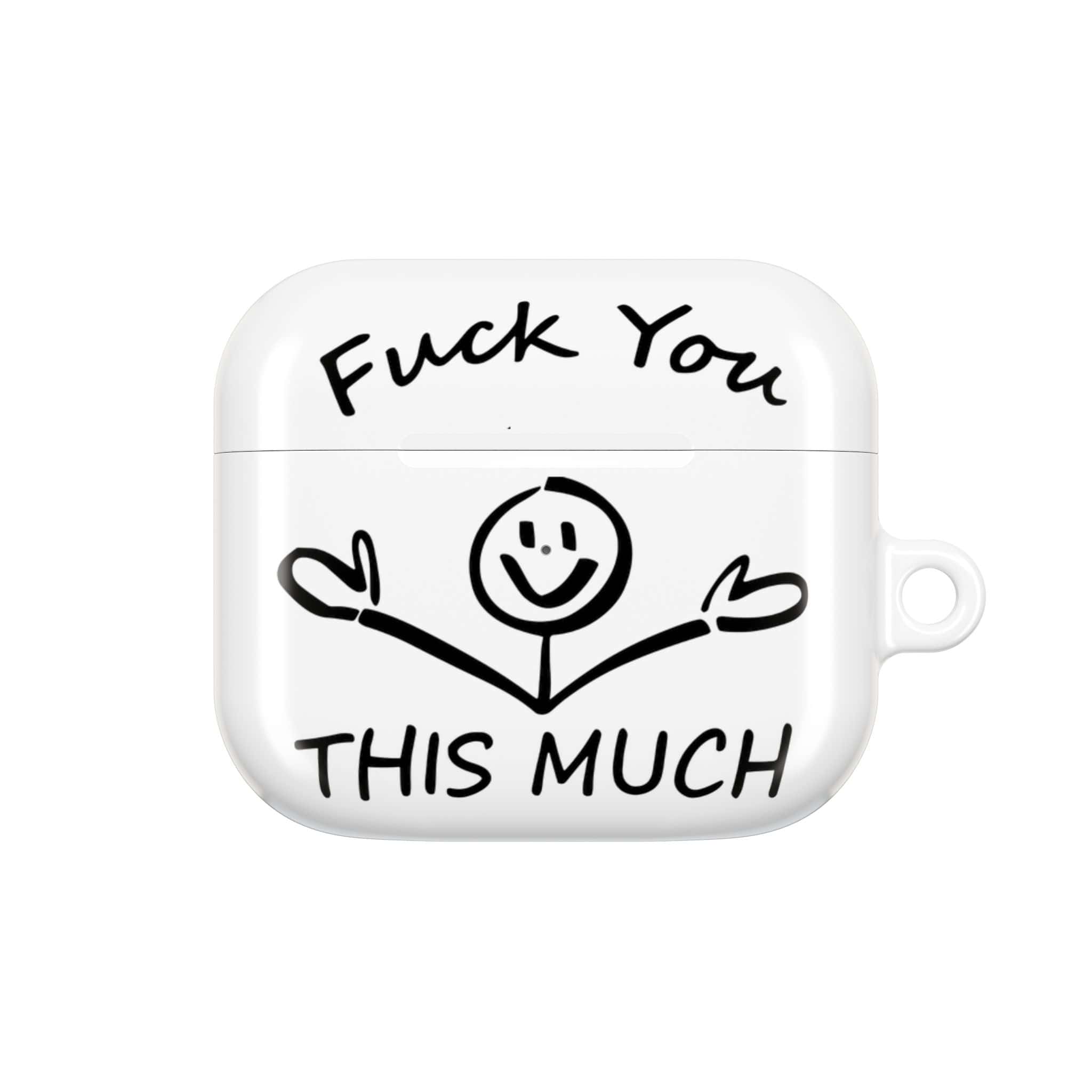Resistive black text and doodle design on white AirPods case, featuring a cartoon character with arms open, conveying a bold, rebellious statement.
