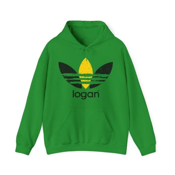 Adidas-inspired green hoodie with a bold black and yellow trefoil logo, perfect for stylish casual wear on a budget.