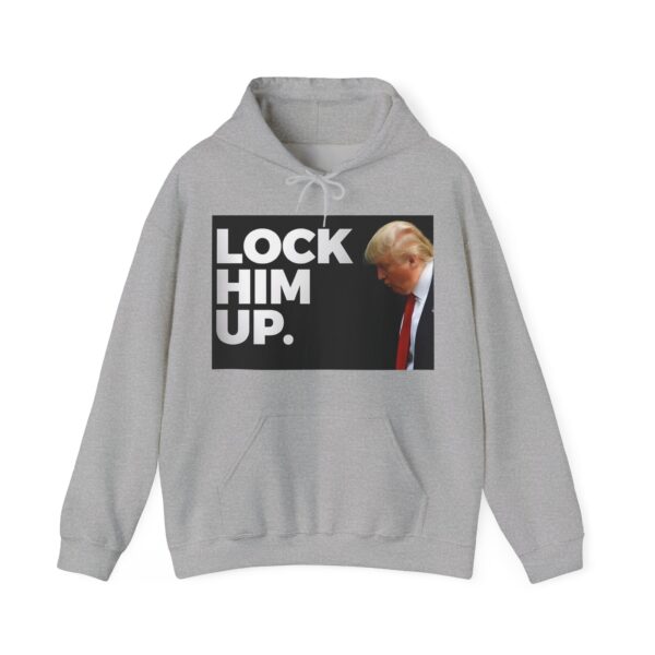 Lock him up hoodie with a humorous political print featuring Donald Trump, perfect for casual wear and making a statement.