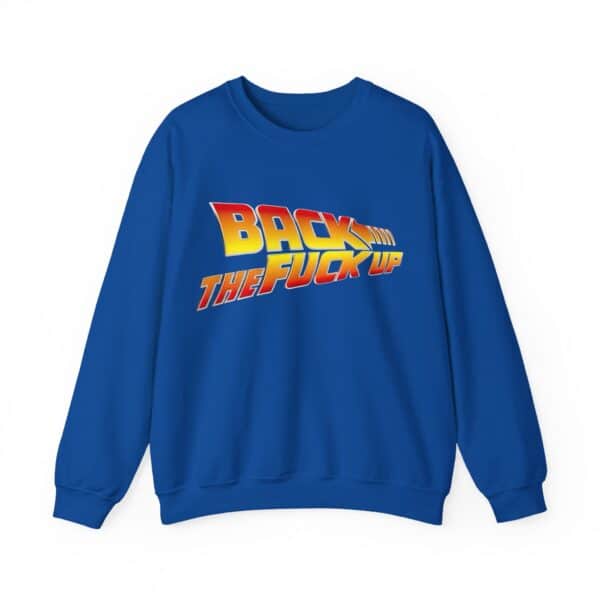 Back to the Future inspired blue sweatshirt with bold statement text for a cool, casual look. Perfect for making a fun fashion statement on a budget.