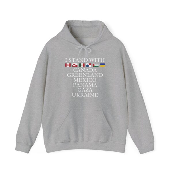 Comfortable hoodie with a casual style, featuring a statement design advocating global solidarity and support for various nations. Perfect for budget-conscious, trendy streetwear.