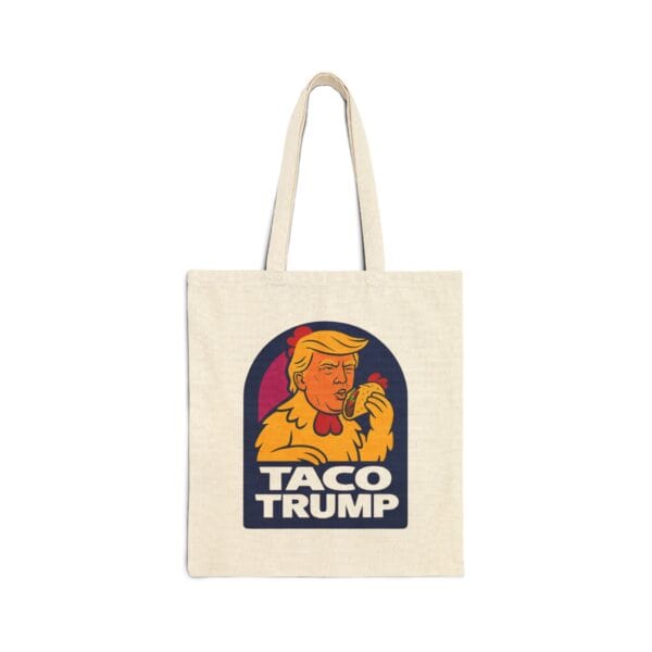 Vintage tote bag featuring humorous "Taco Trump" graphic art, perfect for casual outings, showcasing affordable and stylish statement clothing.