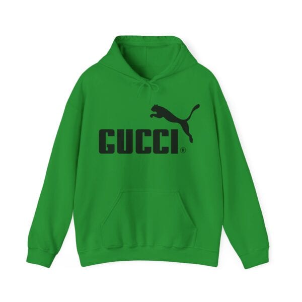 Green hoodie with Gucci and Puma logos, casual streetwear style, affordable trendy statement clothing.