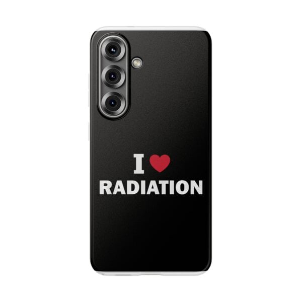 Radiation-themed phone case, black with "I ❤️ RADIATION" text, for quirky statement accessory.