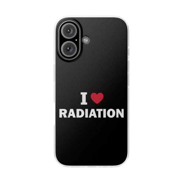 Radiation humor phone case with "I ♥ RADIATION" text, black background, perfect for statement lovers.