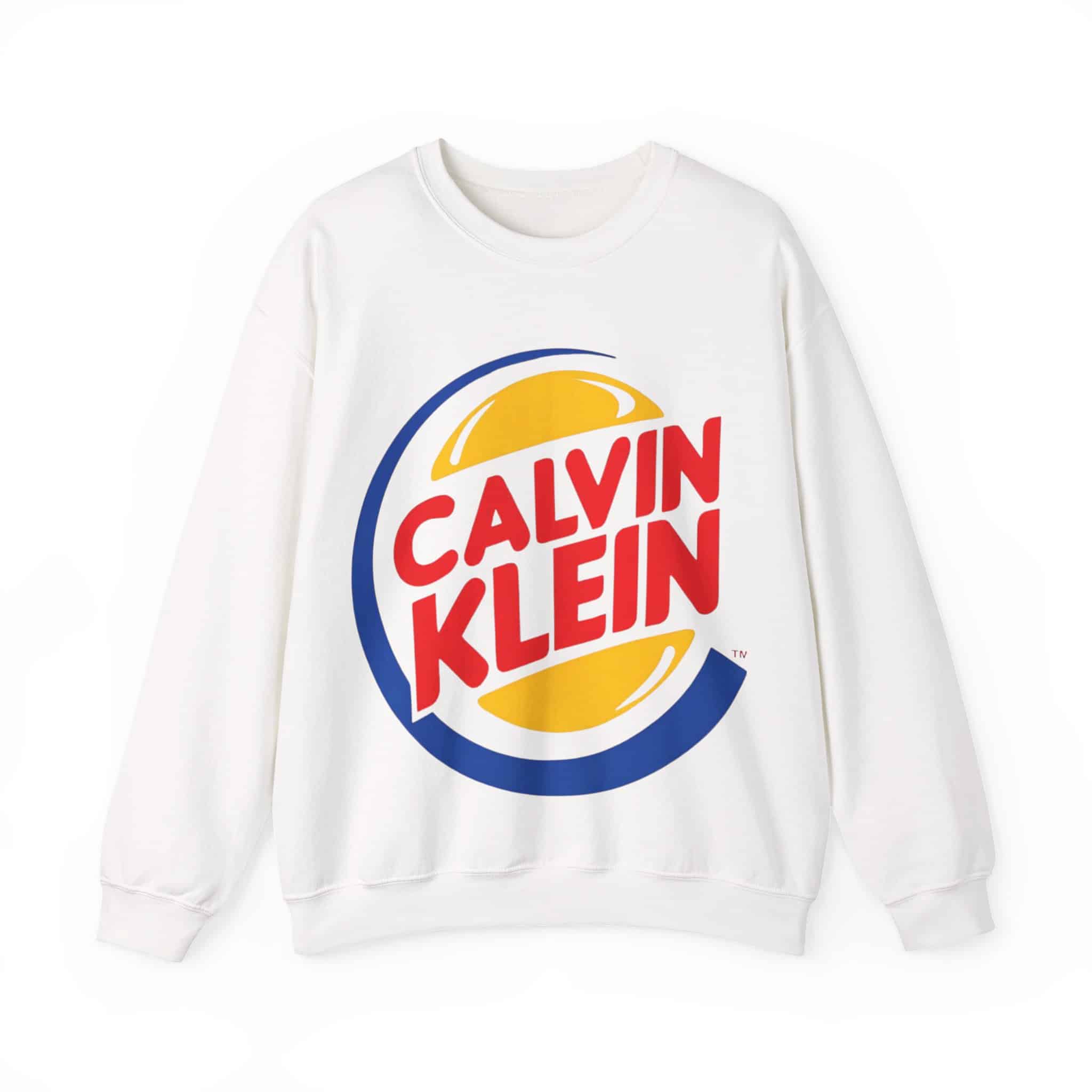 Vibrant white sweatshirt featuring a retro-style Calvin Klein logo in bold red, yellow, and blue colors, perfect for casual and streetwear fashion.