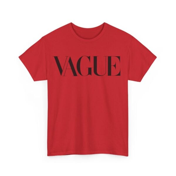 Vogue statement t-shirt with bold typography in black on vibrant red fabric, perfect for trendy streetwear looks.