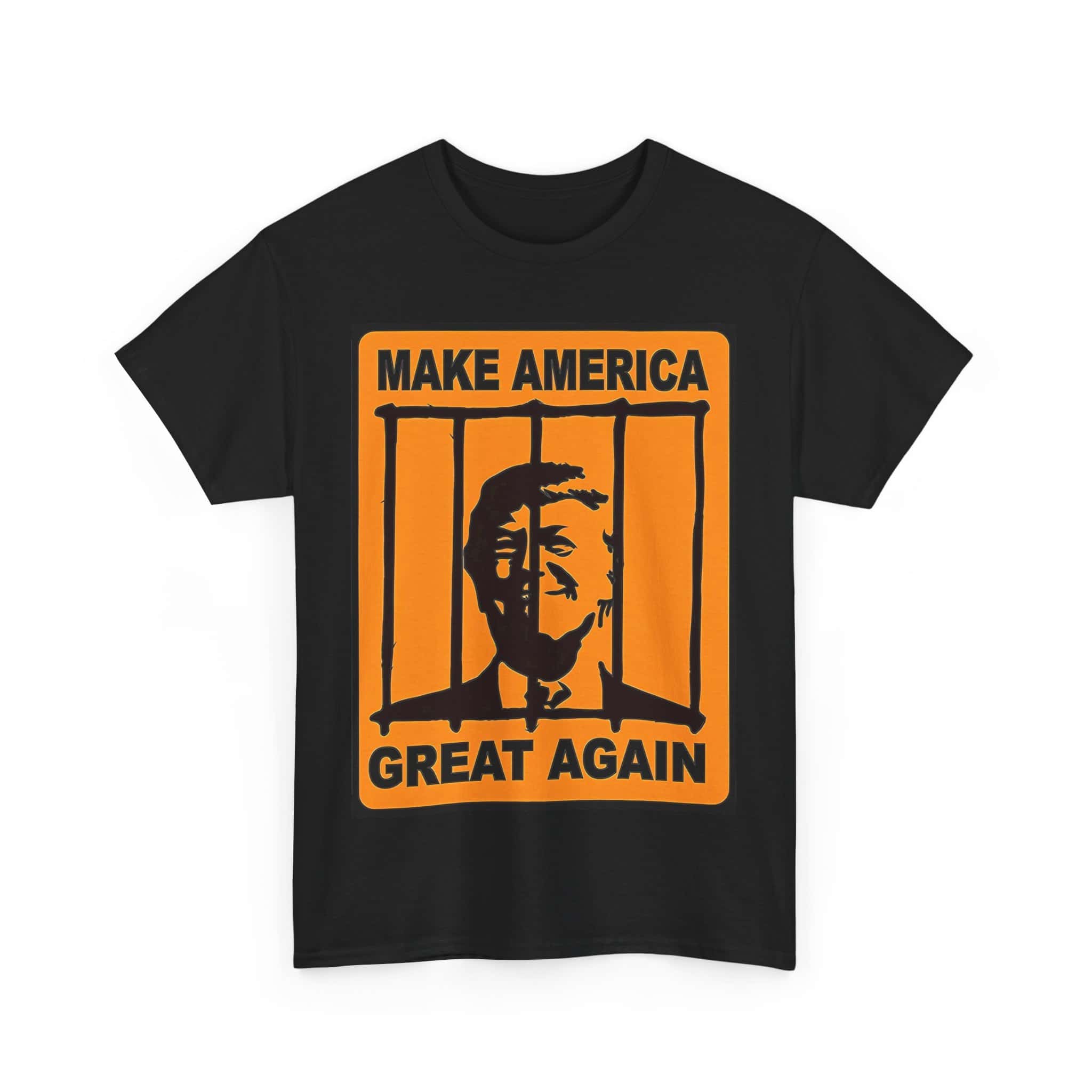 Vintage-inspired black t-shirt with bold orange graphic featuring a humorous political message, perfect for cheap, cool statement clothing.