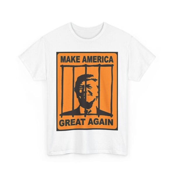 Graphic t-shirt with a bold political statement, featuring an illustrated portrait of Donald Trump behind bars, in a striking orange and black color scheme. Perfect for making a statement while wearing affordable, stylish clothes.