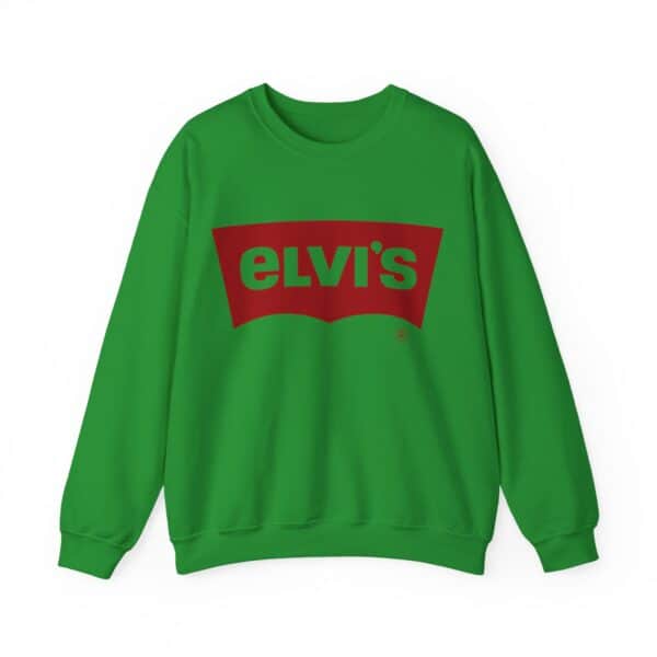 Vibrant green sweatshirt featuring a retro Elvis logo in bold red text, perfect for stylish and affordable casual wear.