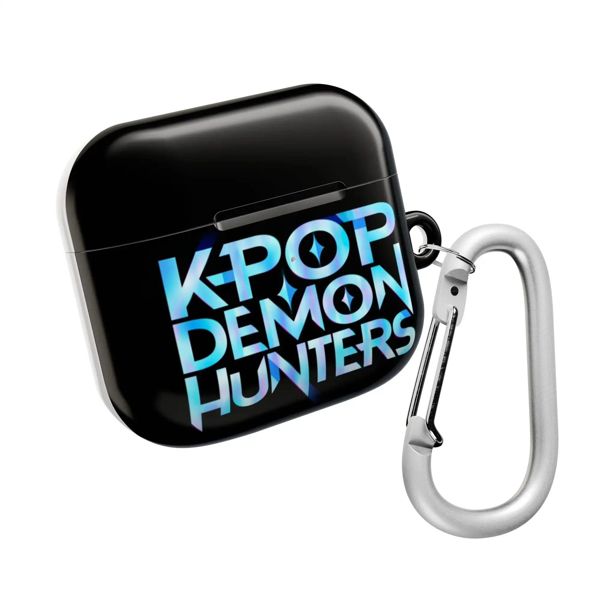 K-pop Demon Hunters AirPods case with carabiner clip, featuring vibrant, trendy designs inspired by K-pop culture and fandom fashion. Perfect for music lovers and trendsetters.