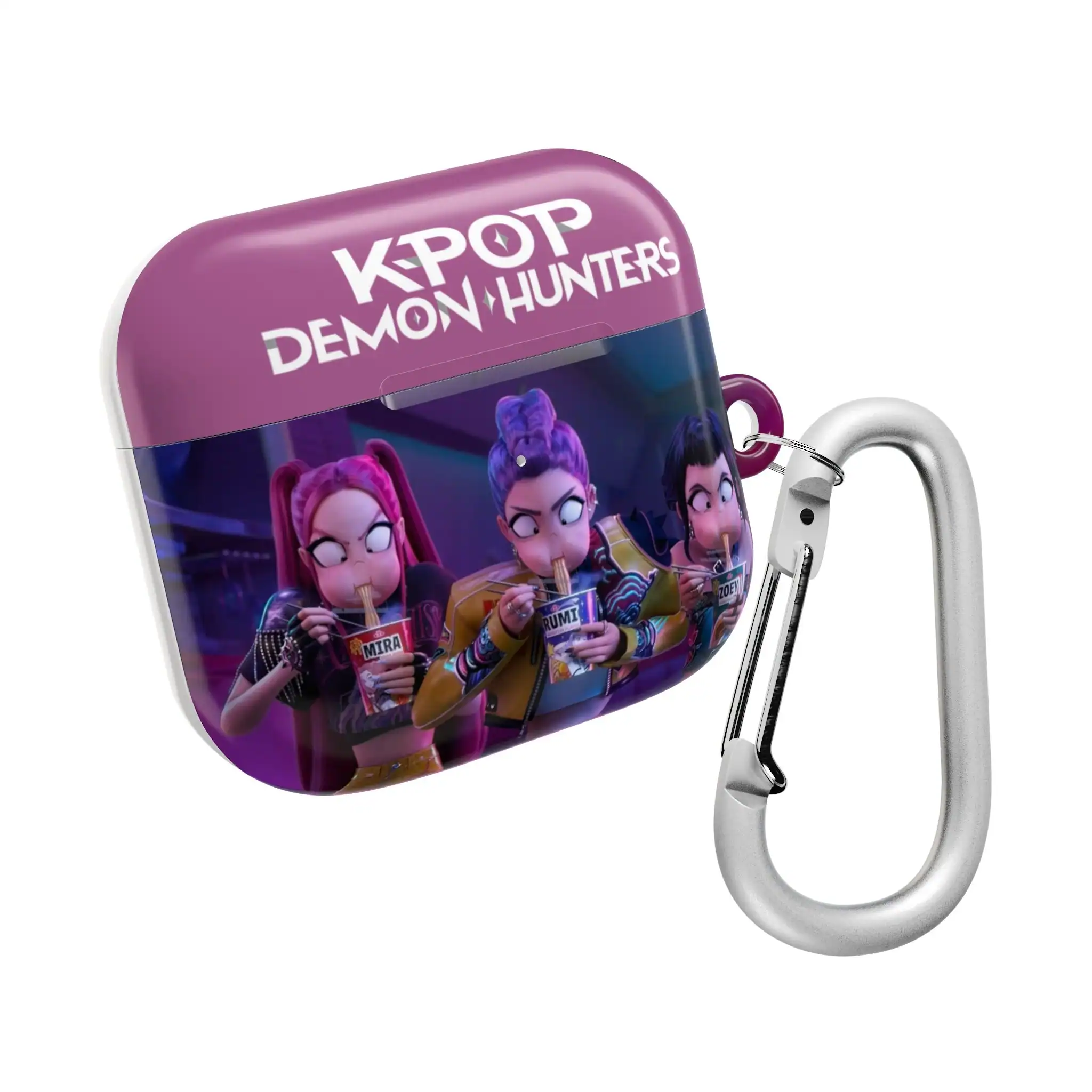 Kpop Demon Hunters cartoon character AirPods case with carabiner accessory, featuring vibrant, colorful graphics for fans of trendy, inexpensive statement clothing and accessories.