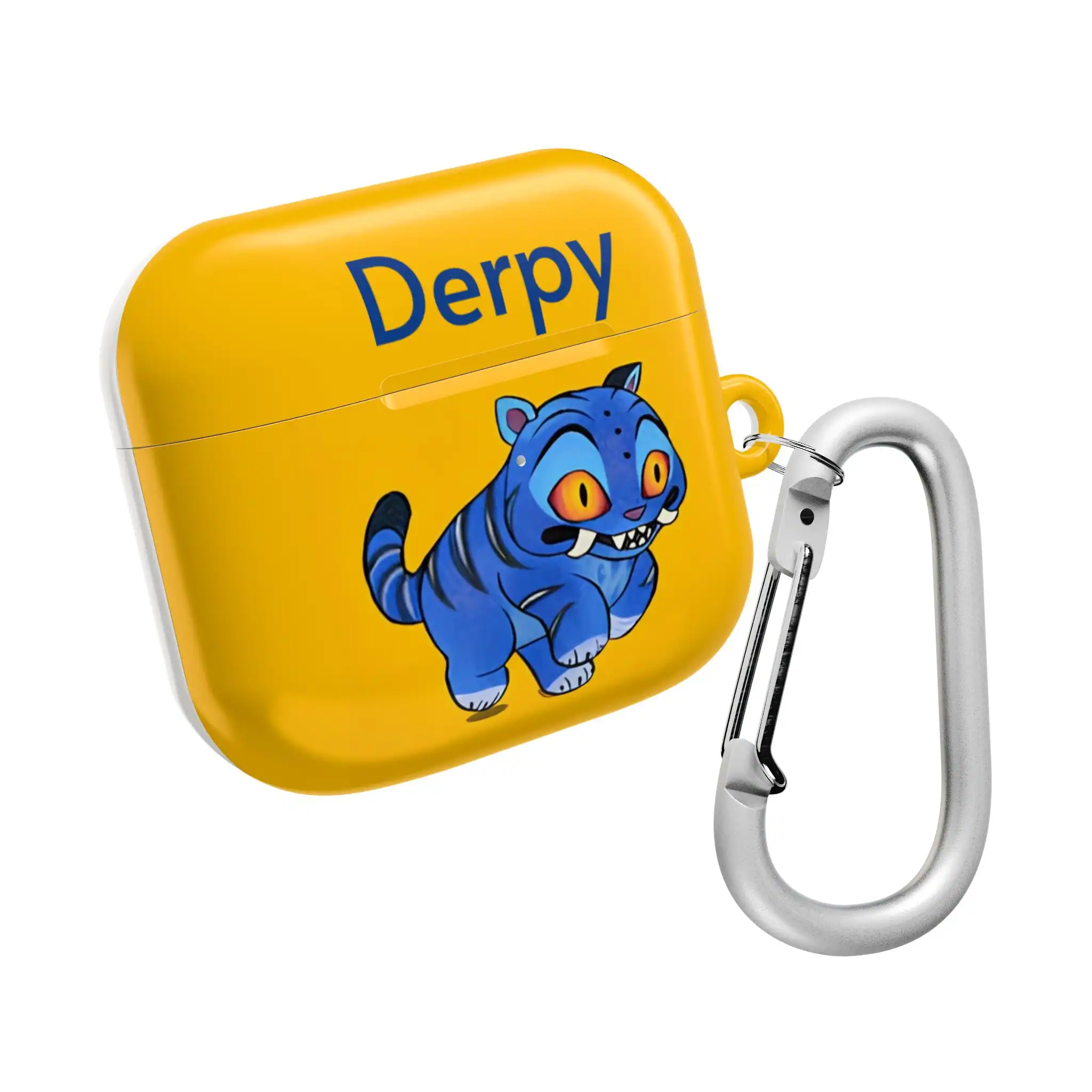 Cute cartoon tiger airpods case with keychain, vibrant yellow background, playful design, affordable trendy accessory.