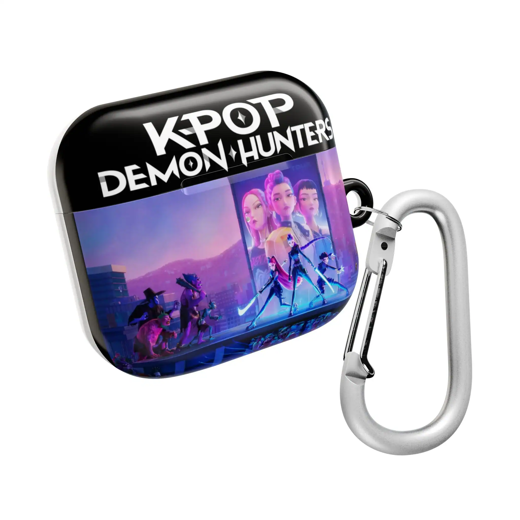 Airpods case featuring demon hunters from k-pop and gaming culture, with vibrant colors and cool design, attached to a carabiner for easy portability, ideal for fans of streetwear style and pop culture.