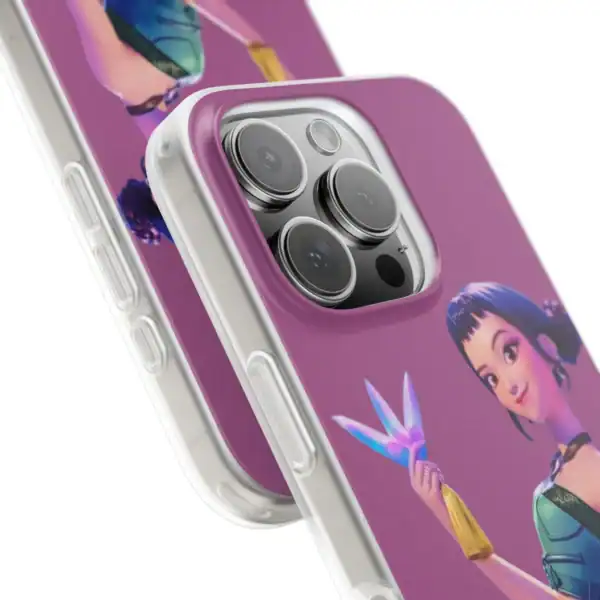 Iphone case with animated character design, vibrant purple background, stylish and affordable phone accessory for trendy, cool statement clothes.