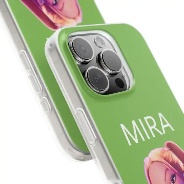 Pink cartoon character phone case with a cheerful expression over a green background.
