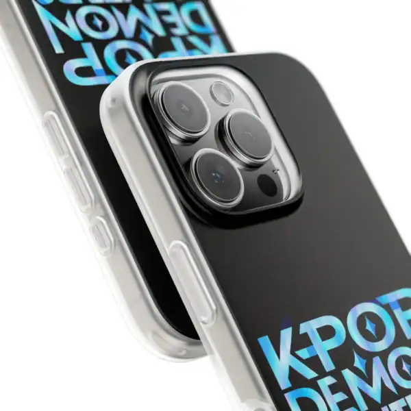 IPhone with a clear protective case featuring bold, colorful text design.