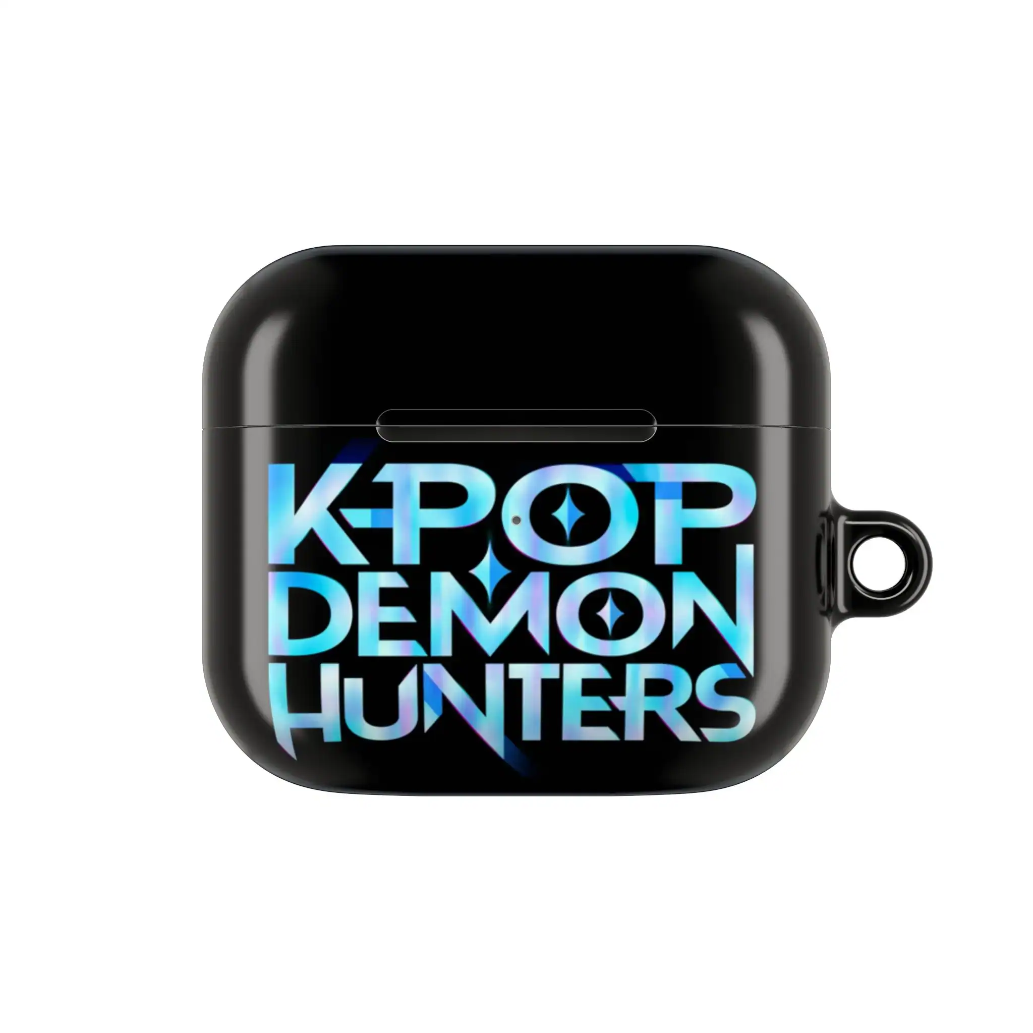 K-pop demon hunters AirPods case with vibrant holographic text design, stylish protective accessory for fans of K-pop and gaming culture.