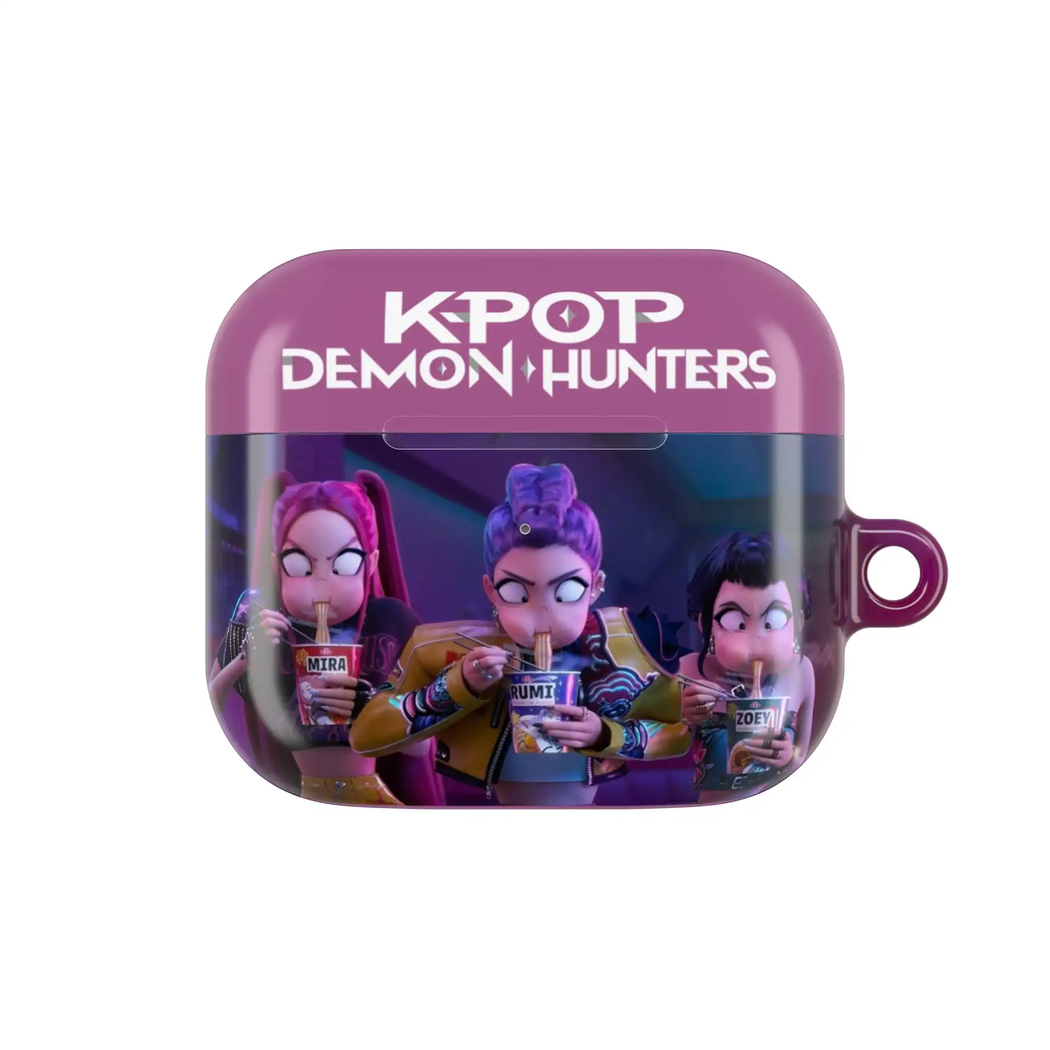 Kpop demon hunters cartoon character AirPods case with vibrant illustration of animated characters eating ramen.