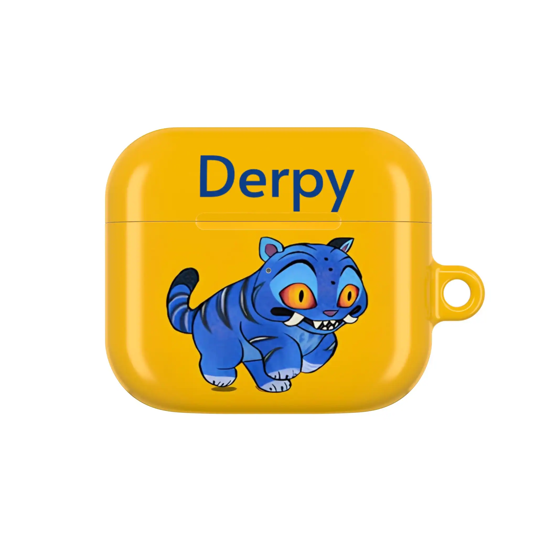 Derpy cartoon character on yellow AirPods case, playful and cute, for kids and teens.