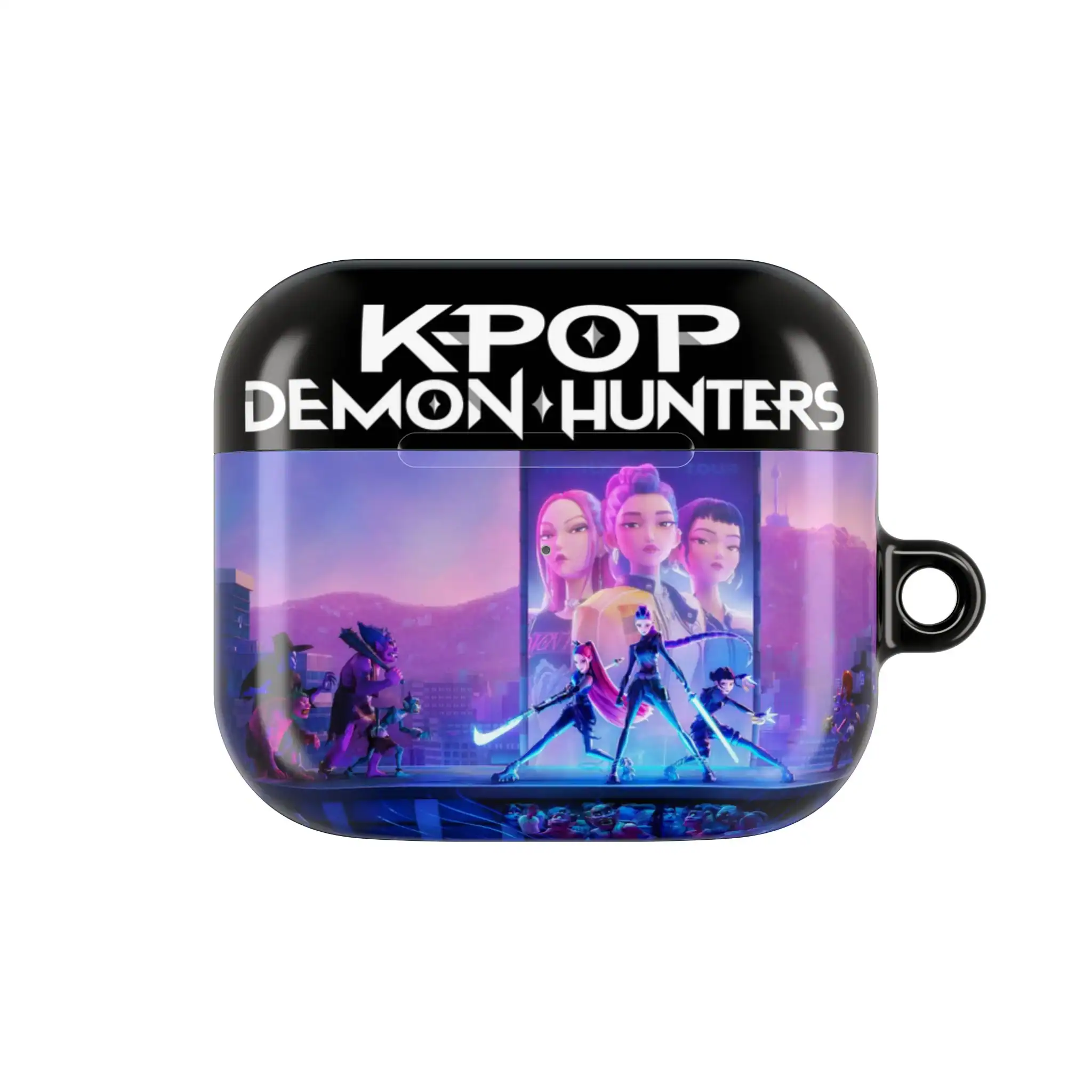Kpop Demon Hunters AirPods case with vibrant animated characters and bold text design.