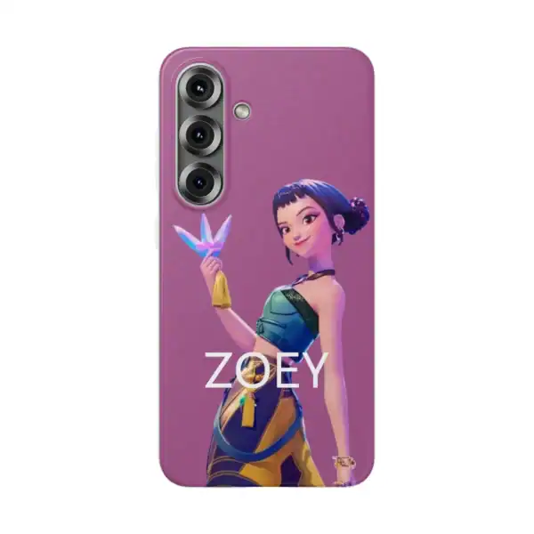 Zoe from animated series holding a glowing artifact, printed on a purple phone case with triple camera cutout.