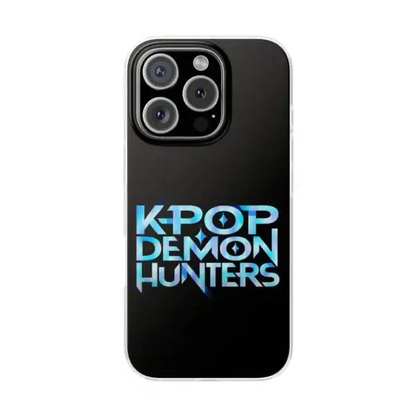 K-pop demon hunters phone case with bold holographic text design on black background.