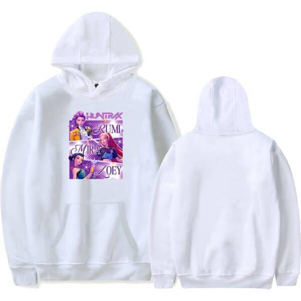 Hoodie with colorful girls' cartoon graphic featuring Huntax, Rumi, Mira, and Zoey in vibrant, fun designs. Perfect for trendy, affordable streetwear style.