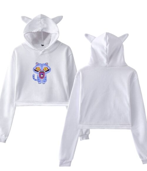 White hoodie with cute cartoon tiger design, kids' casual wear, trendy animal print sweatshirt, affordable stylish statement clothing for children.