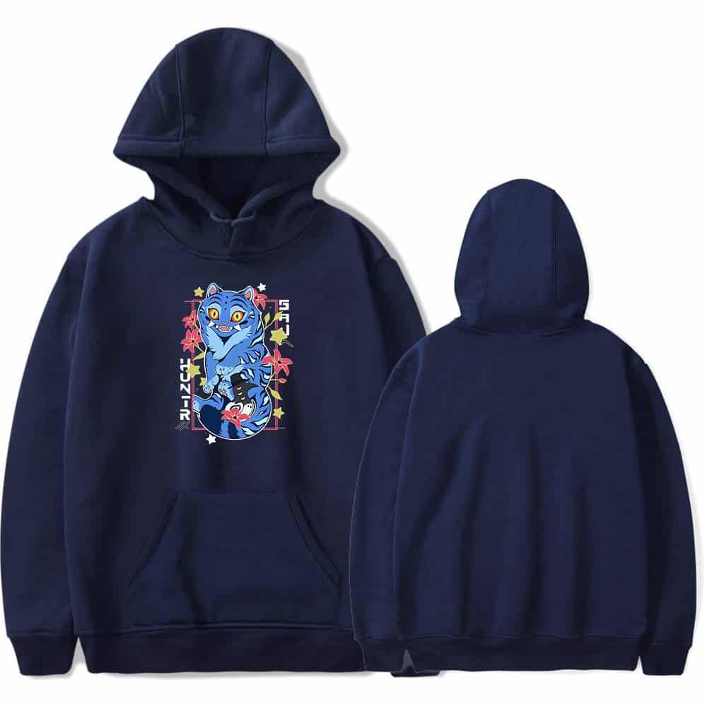 Blue hoodie with colorful cartoon tiger design, stylish and affordable streetwear.